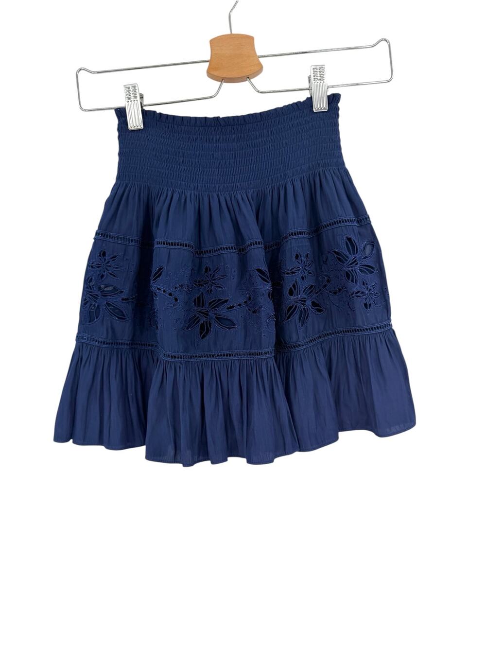 Ramy Brook Floral Eyelet Smocked Tiered Ruffle Mini Skirt Navy Blue Size XS
